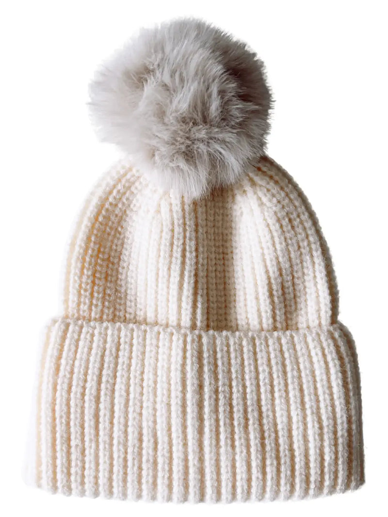 Ribbed Knit Fur Pom Hat in Ivory