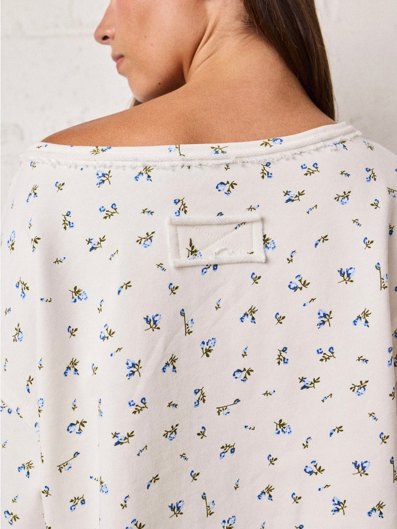 Floral Crop Long Sleeve Raw Edge Top