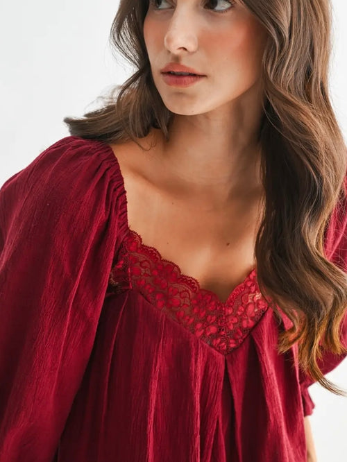 Lace-Trim Puff Sleeve Top