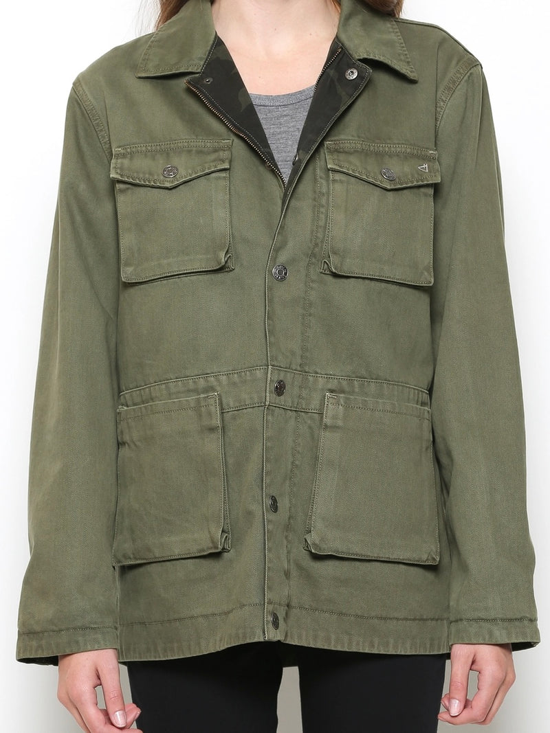 Camo Oversized Reversable Denim Jacket in Olive Green