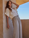 Knit Sweater Crochet Round Neck Short Sleeve Top in Cream