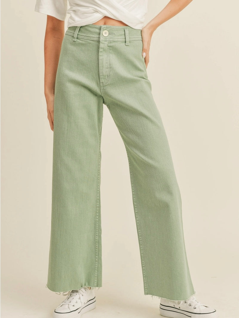 Straight Wide Leg Denim Pants in Matcha