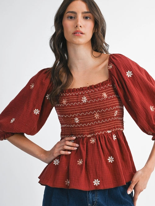 Floral Embroidered Smocked Blouse Top in Dark Rust