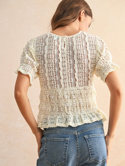 Lace Peplum Puff Sleeve Top