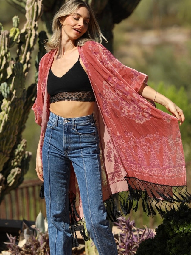 Floral Fringe Velvet Burnout Kimono