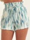 FINAL SALE Abstract Elastic Paperbag Distressed Hem Shorts in Denim Blue