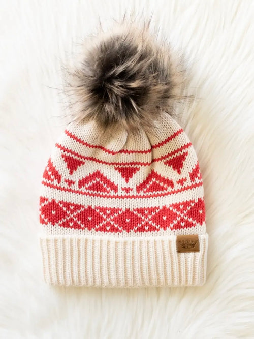 Red & Speckled Pattern Pom Hat