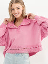 Garment Washed Lace Edge Pullover in Hot Pink