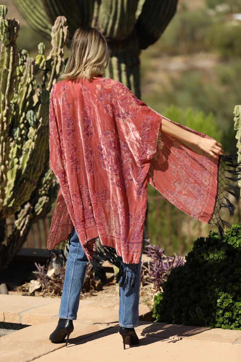 Floral Fringe Velvet Burnout Kimono
