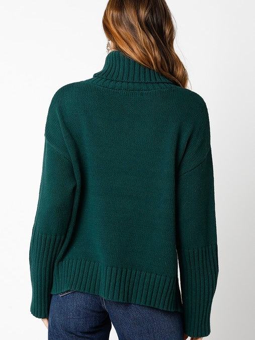 Hailey Turtleneck Side Slit Sweater in Emerald