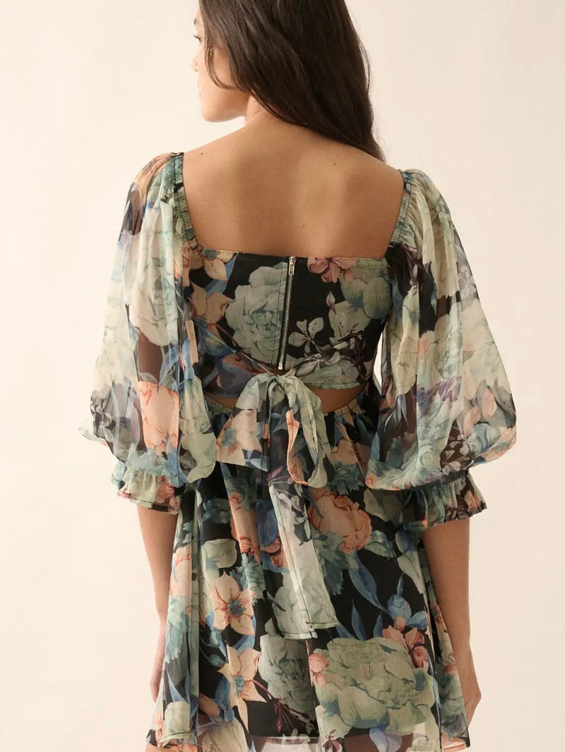 Floral Sweetheart Neck Babydoll Dress in Midnight