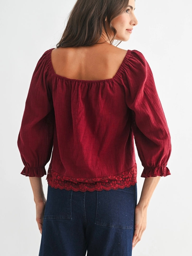 Lace-Trim Puff Sleeve Top