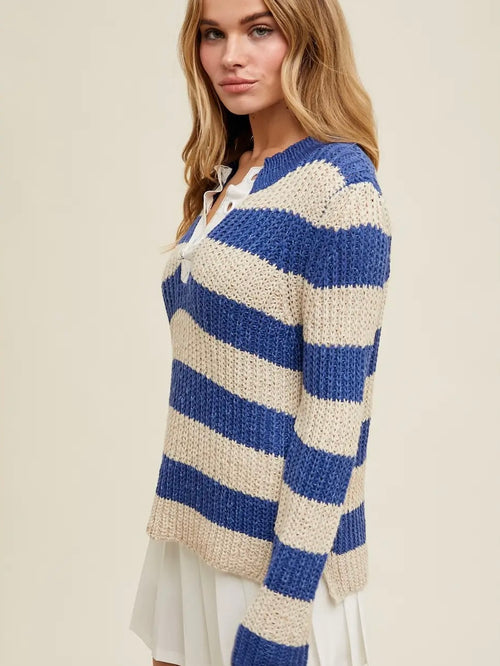Striped Crochet Sweater in Navy