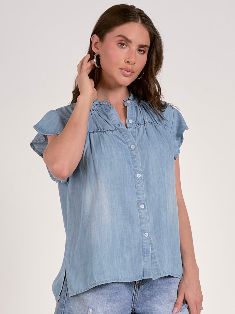 Cap Sleeve Button Down in Denim