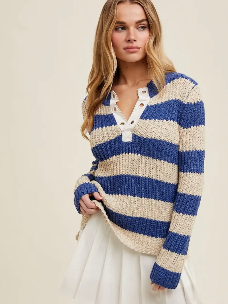 Striped Crochet Sweater in Navy