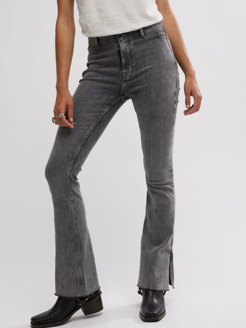 FINAL SALE Level Up Slit Slim Flare Jeans In Grey