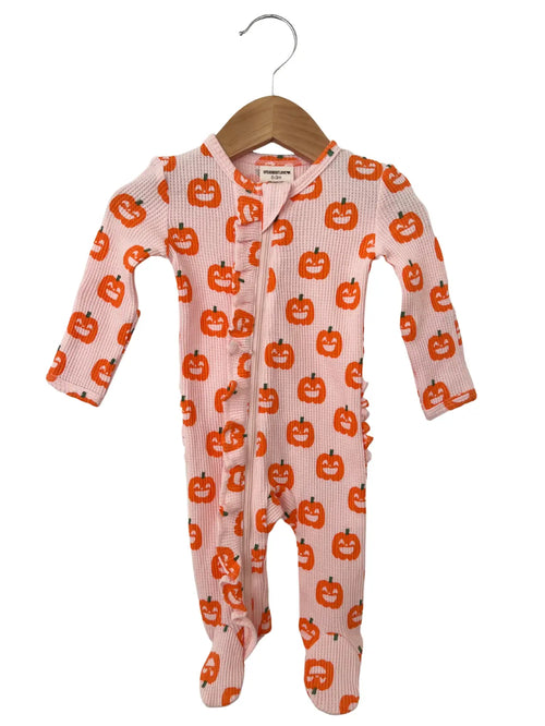 Jack O' Lantern Organic Waffle Ruffle Zip Footie in Blush