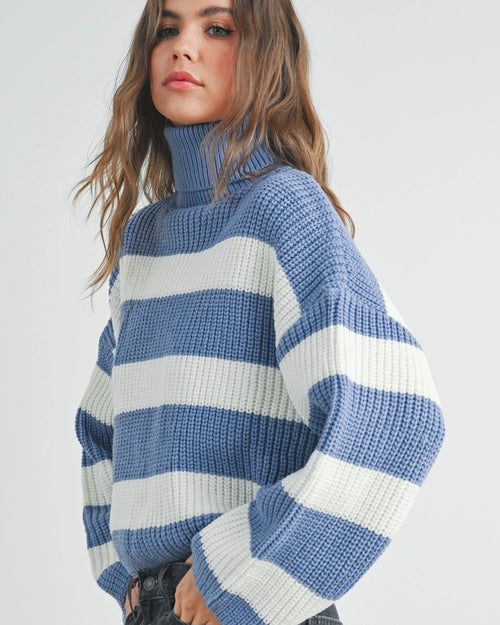 Blue & White Striped Chunky Sweater