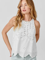 FINAL SALE Fiona Embroidered Floral Scalloped Tank in White