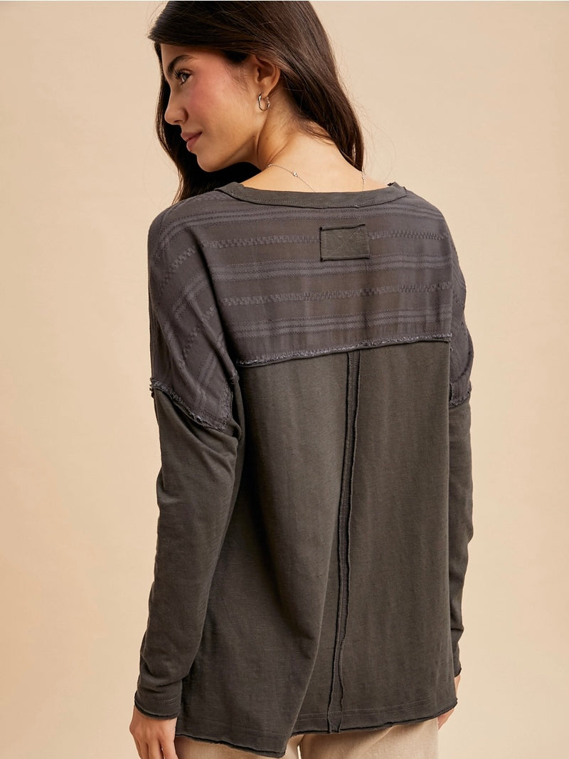 Embroidered Burnout Long Sleeve in Charcoal