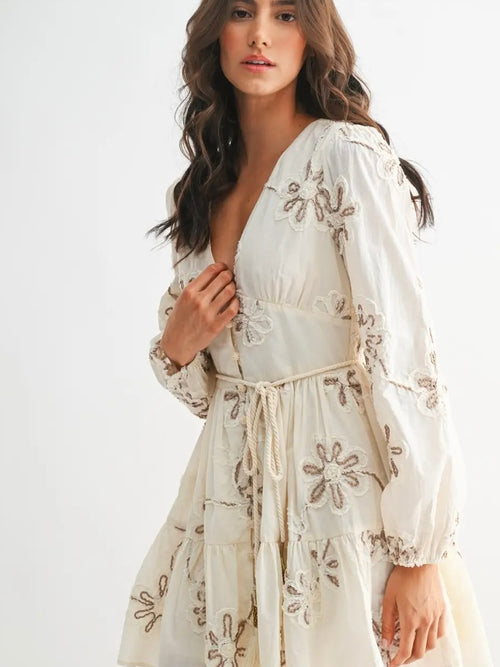 Embroidered Floral Long Sleeve Mini Dress