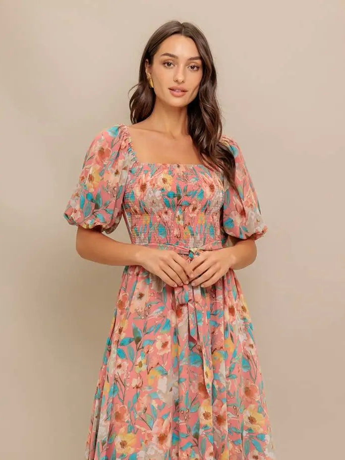 Sunset Floral Puff Sleeve Dress