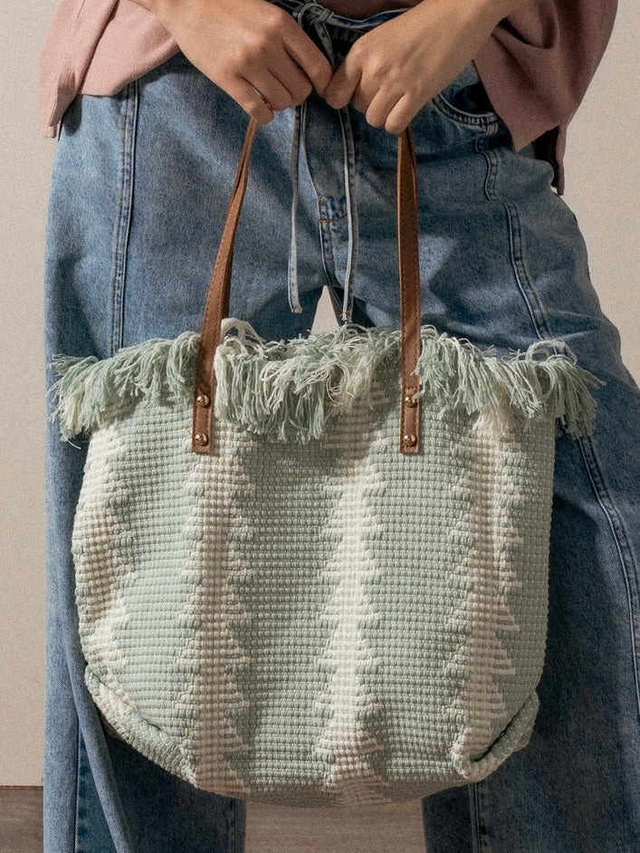 Textured Geometric Fringe Tote Bag