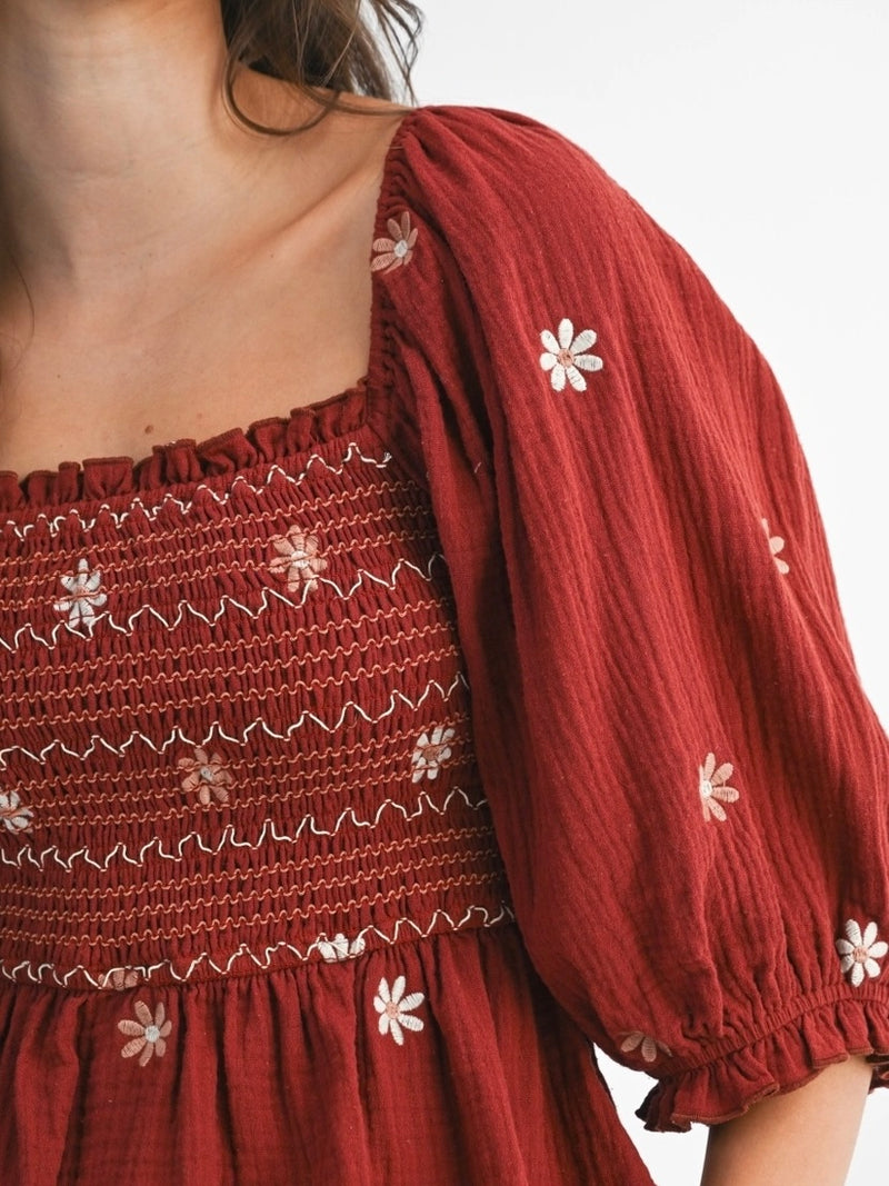 Floral Embroidered Smocked Blouse Top in Dark Rust