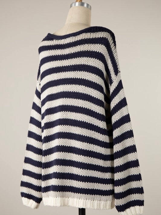 Denim Striped Cable Knit Sweater