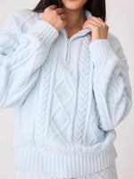 Cable Knit Quarter Zip Crew Neck in Blue