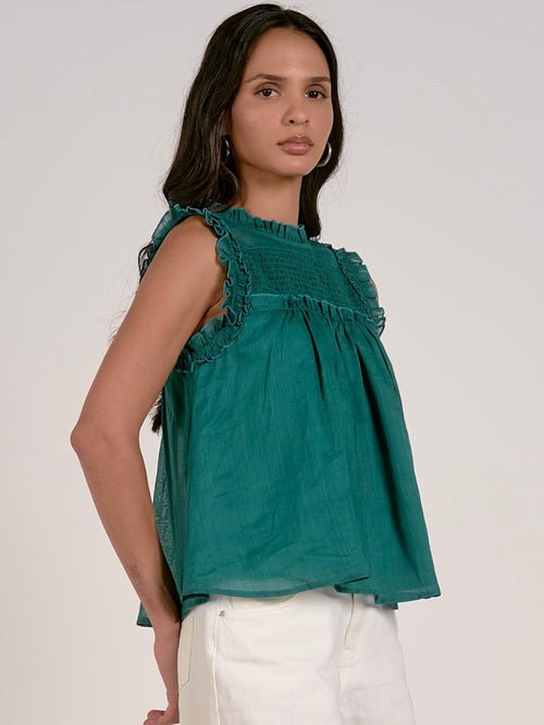 Ruffle High Neck Top in Emerald