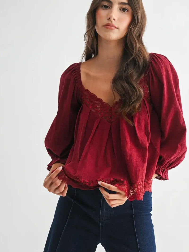 Lace-Trim Puff Sleeve Top