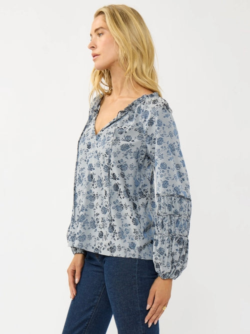 Blue Floral Blouse with Puff Sleeve