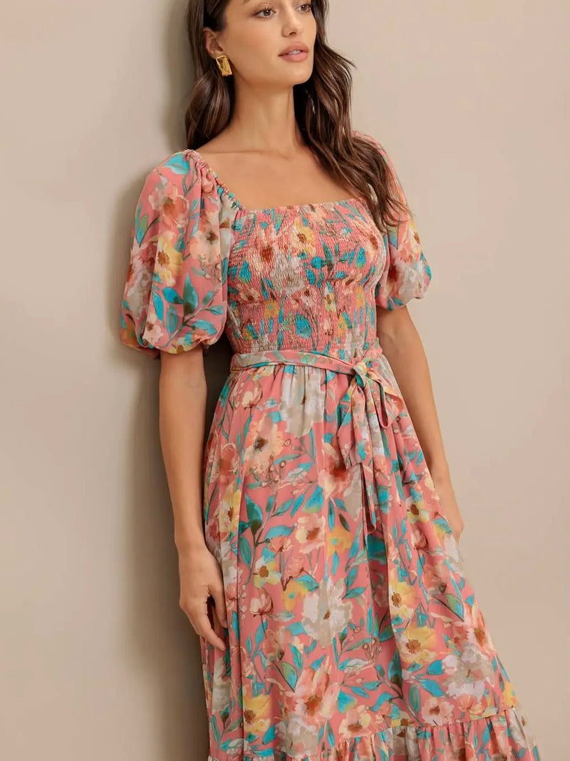Sunset Floral Puff Sleeve Dress