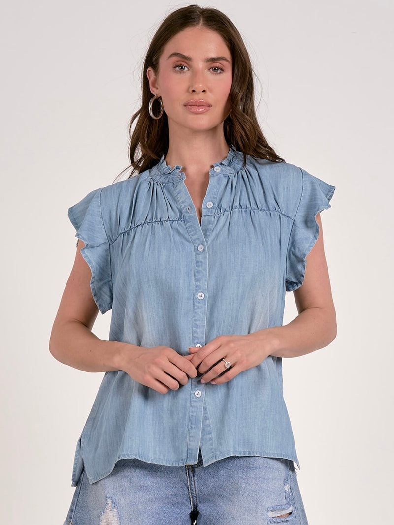 Cap Sleeve Button Down in Denim
