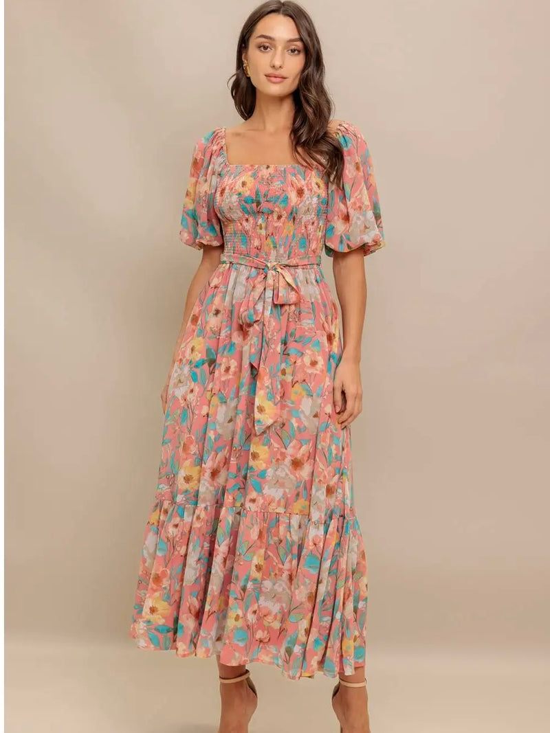 Sunset Floral Puff Sleeve Dress