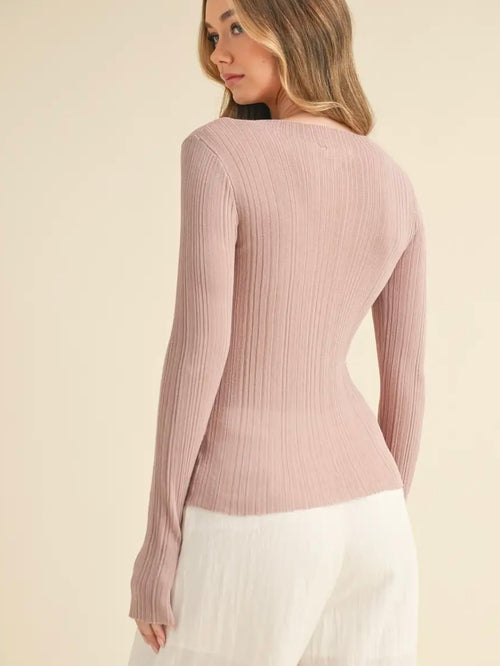 Boat Neck Long-Sleeve Sweater Top in Mauve