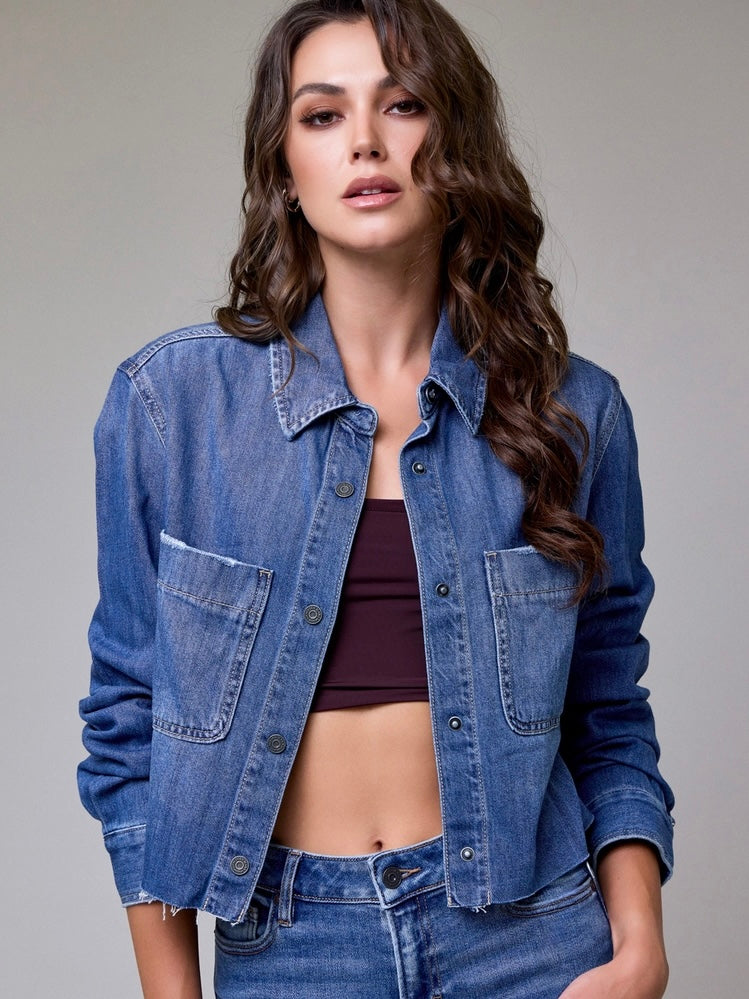 Denim Front Cropped Button Jacket