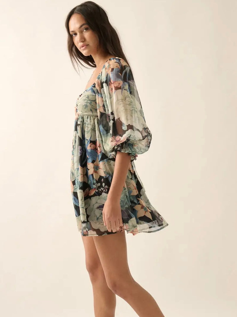 Floral Sweetheart Neck Babydoll Dress in Midnight