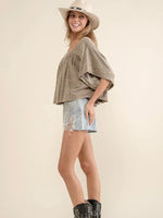 Garment Washed Shirred Crop Jersey Knit Top in Light Olive