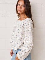 Floral Crop Long Sleeve Raw Edge Top