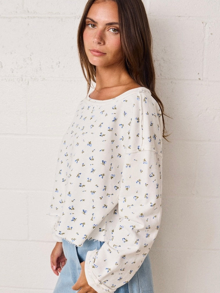 Floral Crop Long Sleeve Raw Edge Top