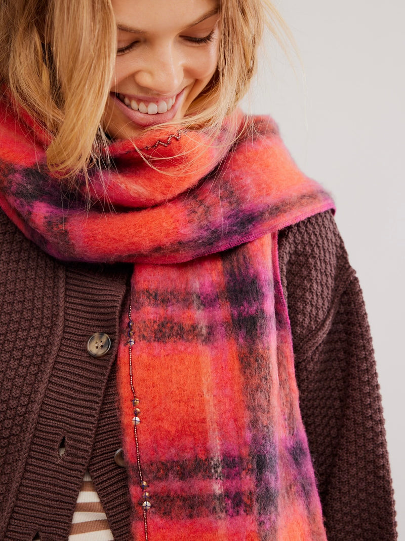 Highland Plaid Skinny Scarf in Pink Combo