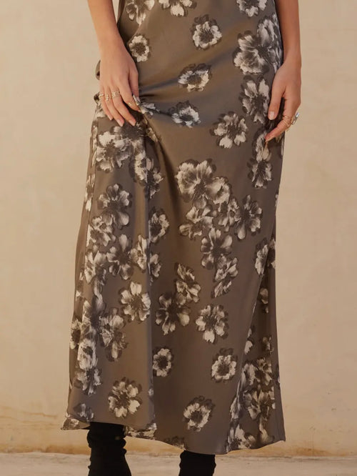 Floral Satin Maxi Skirt in Stone