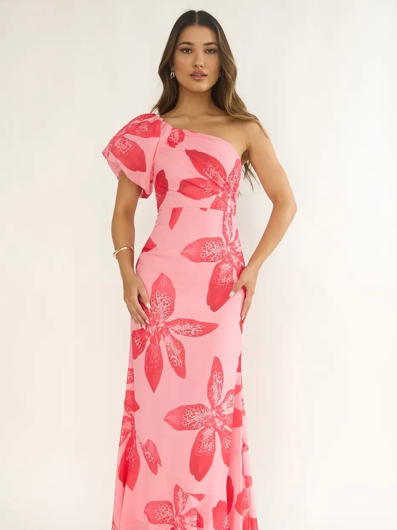 Puffy One Shoulder Floral Maxi Dress – Luxa
