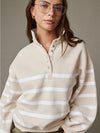 Stripe Collar Half Button Pullover in Taupe/White