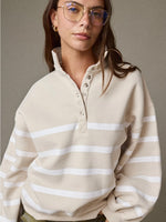 Stripe Collar Half Button Pullover in Taupe/White