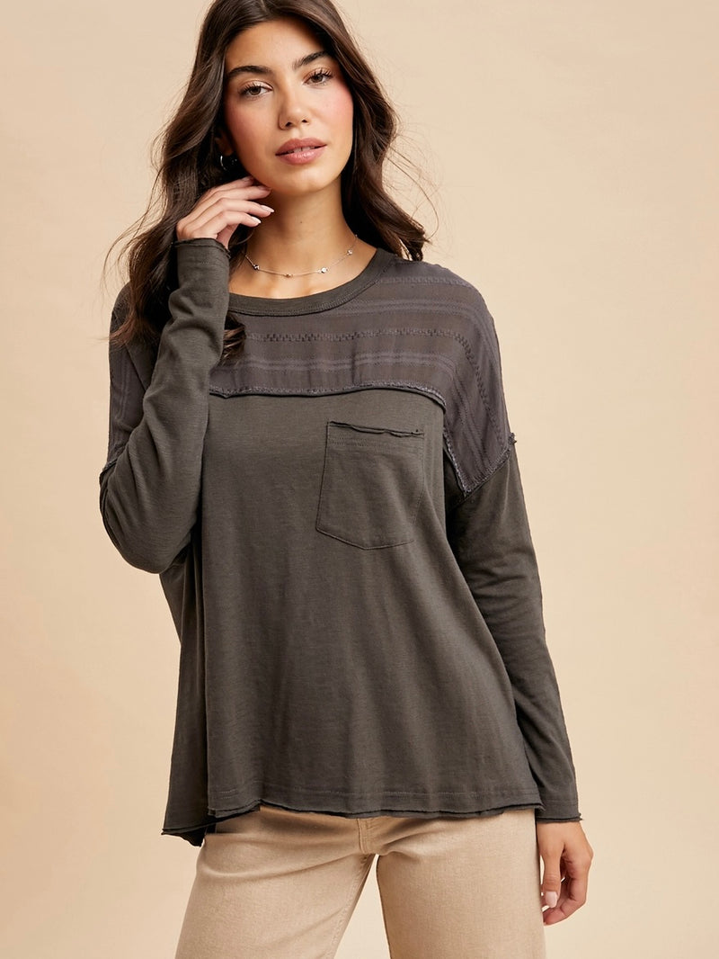 Embroidered Burnout Long Sleeve in Charcoal