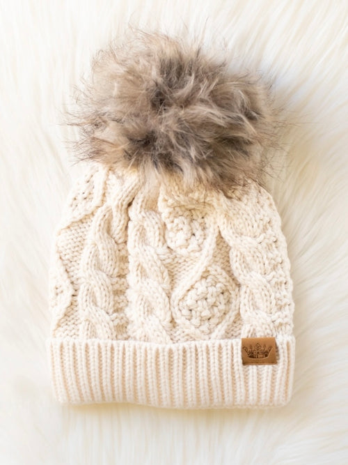 Beige Cable Knit Pom Hat