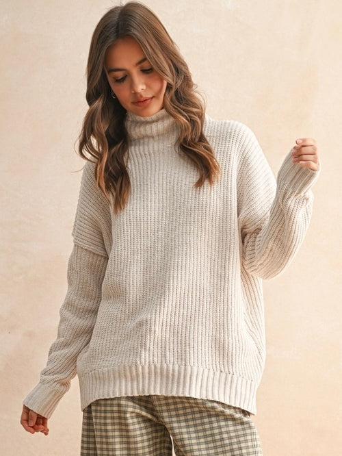 Chenille High Neck Sweater Top in Cream
